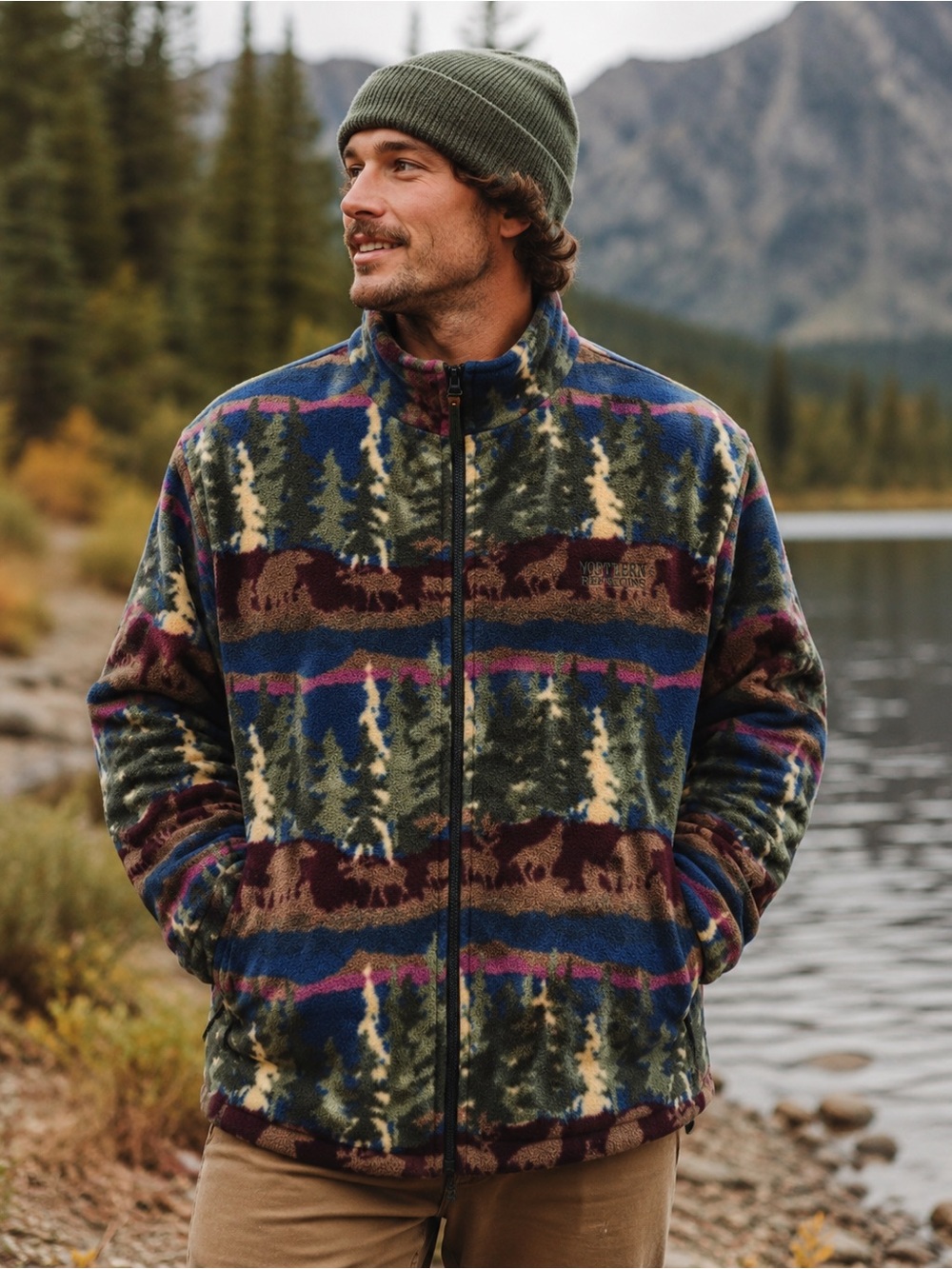 Vintage 90s Northern Reflections All Over Print Fleece Jacket Moose Forest Bear
